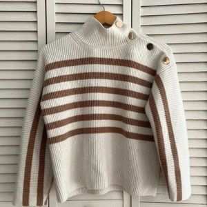 Ann Taylor Cream Brown Brown Striped Sweater Gold Buttons Size L NWOT
